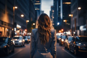 Young businesswoman in the city at night, back view, Business concept, Ai Generated