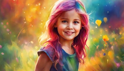 Beautiful happy baby child with colorful hairs and rainbow paint splashes on background. Watercolor art, paint drops, colorful melting hair, intricate and intense oil paint, abstract color background