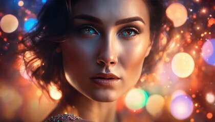 Mysterious beautiful young woman with rainbow colored powder and color explosion in the background. Close up portrait of perfect woman face, colorful light particles, color splashes bokeh background