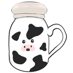 ceramic milk mug with cow pattern. Drawing design milk glass bottle and shapes