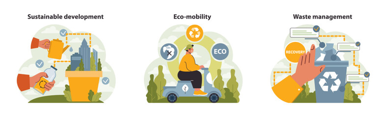 Eco-Responsibility set. Urban greening, watering plants. Green transport, CO2 reduction. Waste sorting, conscious recycling. Commitment to nature. Flat vector illustration