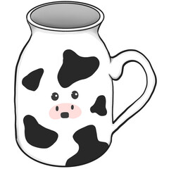 ceramic milk mug with cow pattern. Drawing design milk glass bottle and shapes