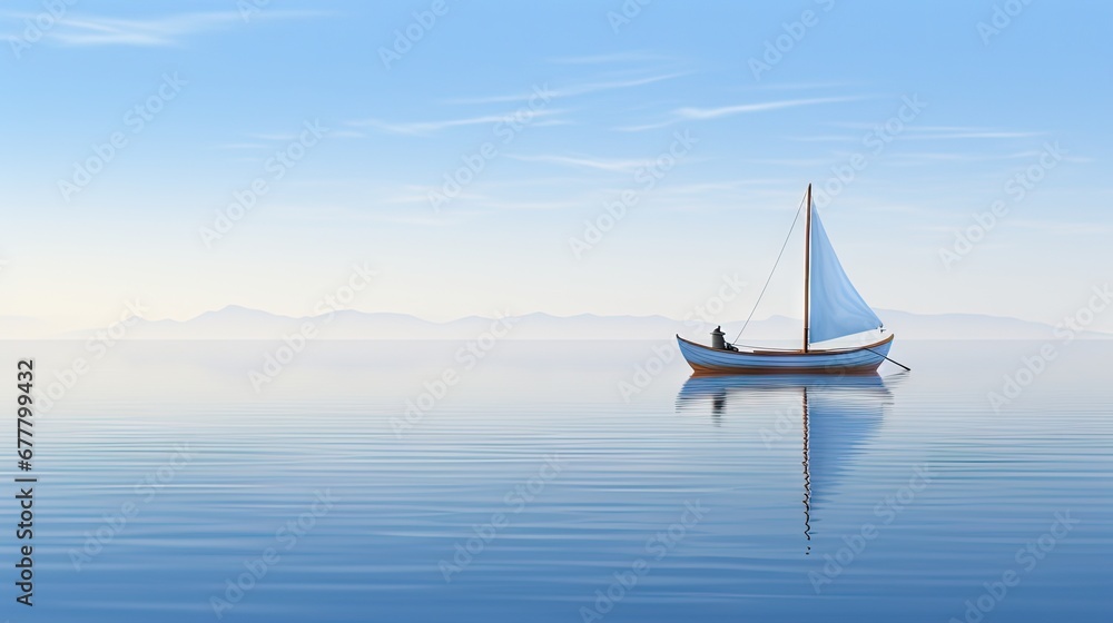 Poster a boat floating on top of a large body of water under a blue sky with a few clouds in the sky.