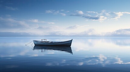  a small boat floating on top of a large body of water under a blue sky with a few white clouds.