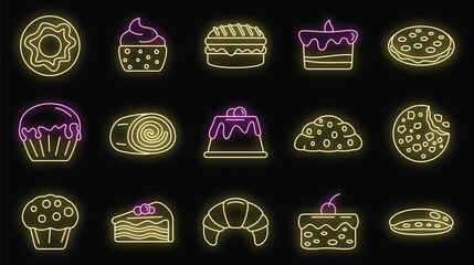 Tasty confectionery icons set. Outline set of tasty confectionery vector icons neon color on black