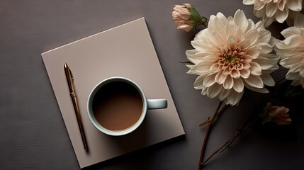  a cup of coffee sitting on top of a table next to a vase with flowers and a pen on it. - Powered by Adobe