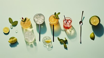  a table topped with glasses filled with different types of drinks and garnished with lemons and mints.