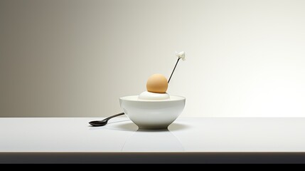  a white bowl with a spoon in it and an egg on a stick sticking out of the top of it.