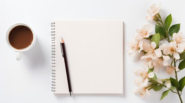  a cup of coffee next to a notepad and a pen on a white surface next to a bouquet of flowers.