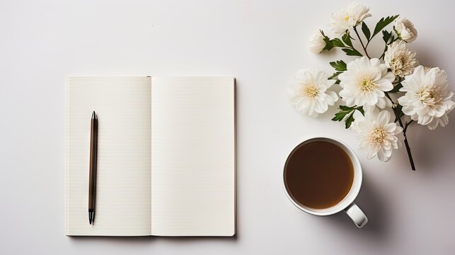 a cup of coffee next to a notebook with a pen on top of it and a bouquet of flowers next to it.