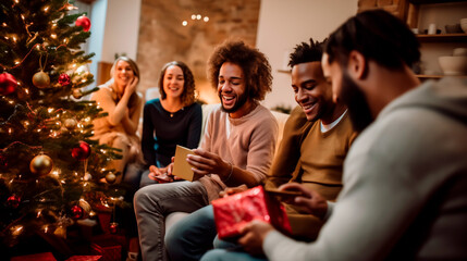 Fototapeta premium Friends sharing gifts by Christmas tree, joyful holiday gathering.