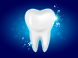 Fluoride and water bubbles float around the teeth. Tooth enamel white, clean and strong. Prevent tooth decay. Realistic vector illustration.