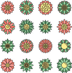 Botanical sunflower icons set. Outline set of botanical sunflower vector icons thin line color flat on white