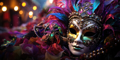 mardi gras carnival mask, beads and feathers decor on festive background, free space for text - obrazy, fototapety, plakaty