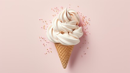 Naklejka premium an ice cream cone with white icing and sprinkles on a pink background with a pink background.
