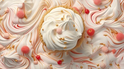  a cupcake with white frosting and pink and gold sprinkles on top of a marbled surface.