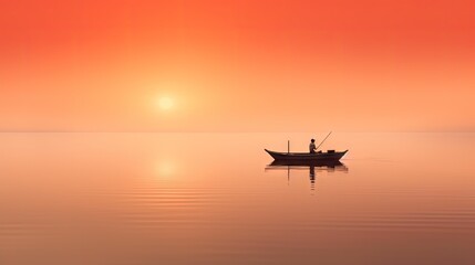 Fototapeta na wymiar a boat floating on top of a large body of water under a red and orange sky with the sun in the distance.