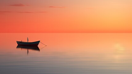  a small boat floating on top of a large body of water under a red and orange sky with the sun in the distance.