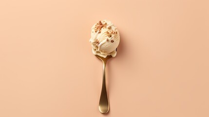  a spoon with a scoop of ice cream sitting on top of a pink surface with a bite taken out of it.