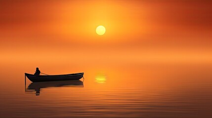  a person in a small boat on a body of water with the sun setting in the sky in the background.