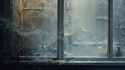  a window with frosted branches and a vase on a window sill in front of a window with a building in the background.