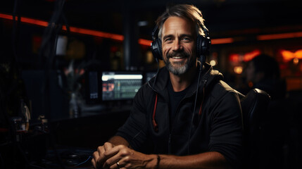 Portrait of a professional radio dj with headphones.  Radio host speaking in microphone while...