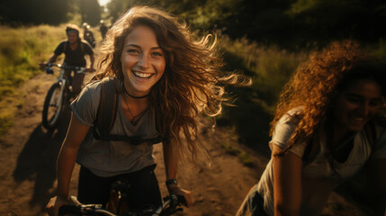 Obraz premium Group of friends having fun riding bicycles in the forest at sunset.