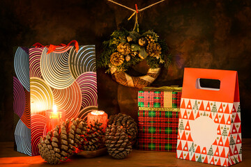 Christmas still life with bags and gift boxes