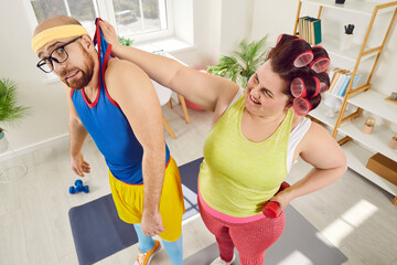 Funny dominant female fat woman leader raising her boyfriend in sportswear by hand dominating him...
