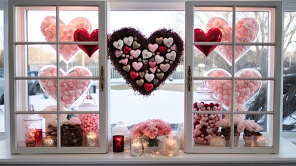  a window filled with lots of pink and white heart shaped lollipops on top of a window sill.