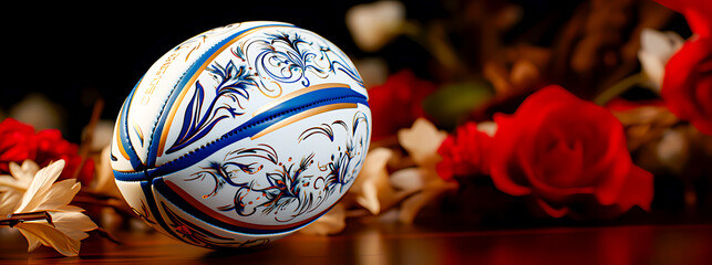 Sport. A modern rugby ball near some flowers. - obrazy, fototapety, plakaty