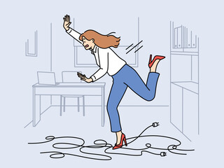 Businesswoman trips on wires and falls, risking injury due to clumsiness or mess in workplace. Falling girl office employee gets tangled in electrical cable lying on floor and screams falling - obrazy, fototapety, plakaty