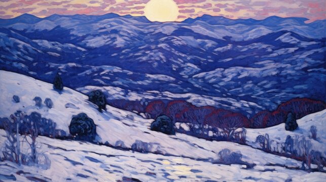  a painting of a snowy landscape with mountains in the background and a full moon in the middle of the sky.