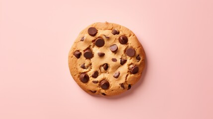  a chocolate chip cookie sitting on top of a pink surface with a bite taken out of one of the...