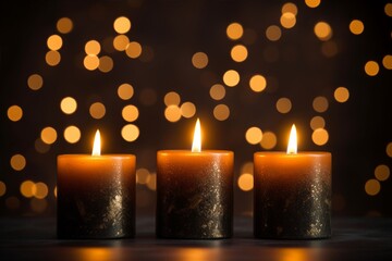 A close-up view of three burning candles set against an black background, evoking a celebration mood—an embodiment of the festive concept with ample copy space. Created with generative AI tools