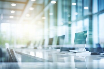 An open-space office with blurred surroundings and abstract light bokeh, perfect for incorporating into your design work. Created with generative AI tools