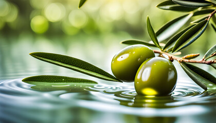 Natural view of an olive tree branch hanging down to lake of olive oil liquid