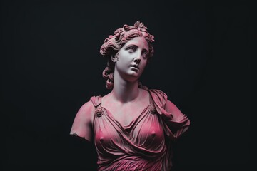 An exquisite marble statue of a woman adorned in a flowing dress, contrasting beautifully with a dark black background. Created with generative AI tools