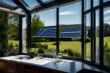 A serene view from the windows of a solar-powered home, capturing the essence of renewable energy living and a connection to the environment