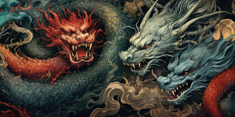 Colored abstract tattoo dragons pattern background