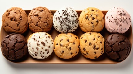  a box filled with assorted cookies and muffins on top of a white table next to a cup of coffee.