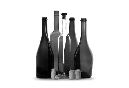 Black and white photo of different wine bottles isolated on white background