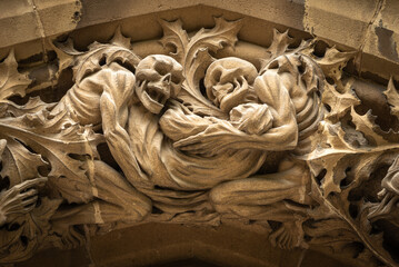 Detail of the bas-reliefs on the facade of the Cathedral of Mary Immaculate of Vitoria in the city...