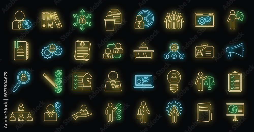 Poster manager icons set. outline set of manager vector icons neon color on black
