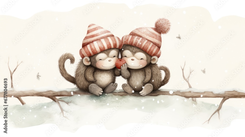 Poster a couple of monkeys sitting next to each other on top of a tree branch with a ball in its mouth.