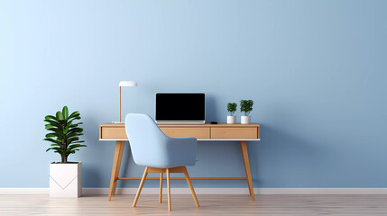 A computer desk with a monitor and a blue chair in a room with wooden walls and a plant in the corner