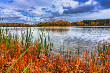 Autumnal landscape of Kashubian lakes and forests, Poland - obrazy, fototapety, plakaty
