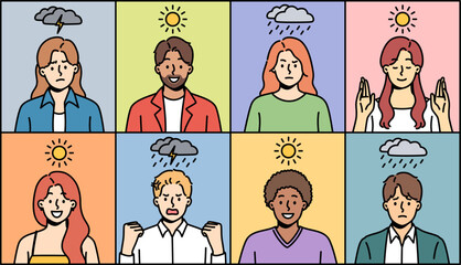 People experiencing mood swings due to weather conditions and cloudiness or magnetic storms in sun. Portraits men and women suffering during rain or lightning, for concept influence of climate on mood