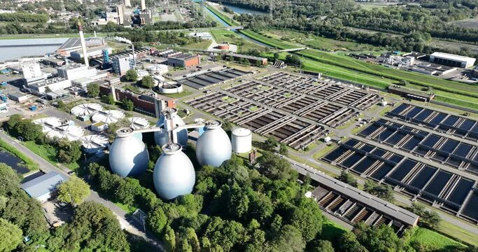 Aerial droen view on a water sewage treatment plant.