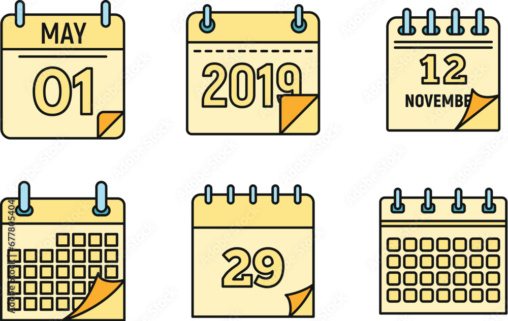 Poster calendar week icons set. outline set of calendar week vector icons thin line color flat on white